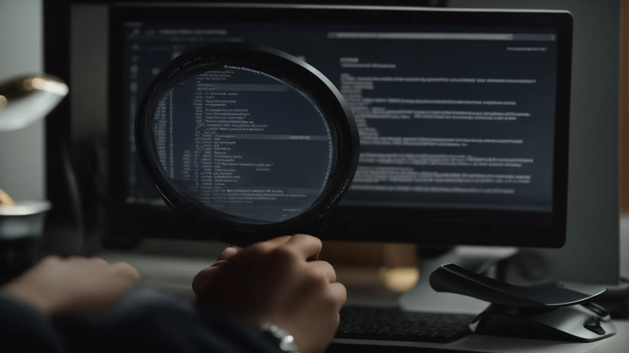 a person magnifying keywords on a computer screen displaying search engine results.