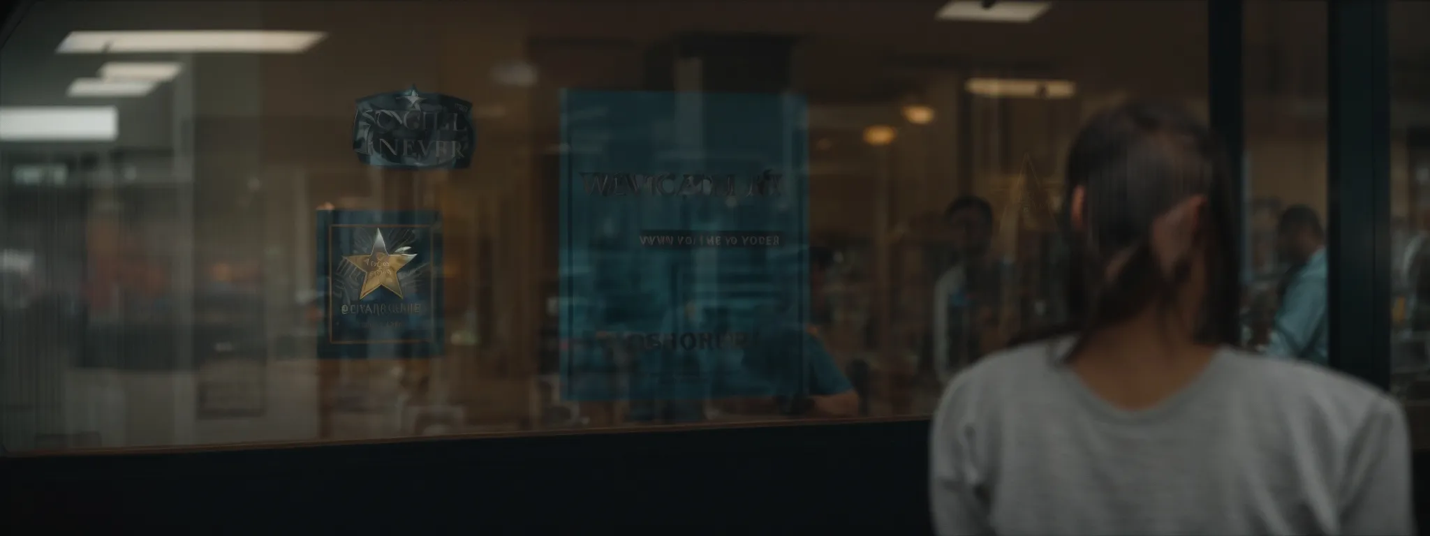 a business owner showcasing a five-star badge on the storefront window.
