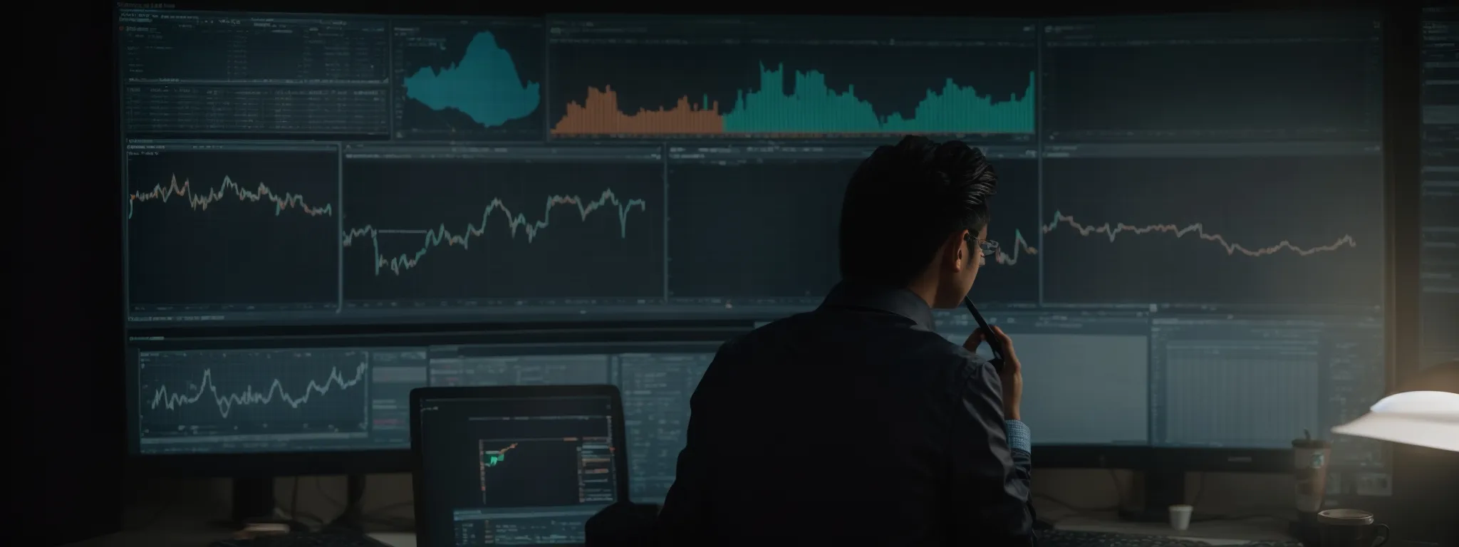 a focused individual analyzes charts on a computer screen, optimizing a website's user journey.