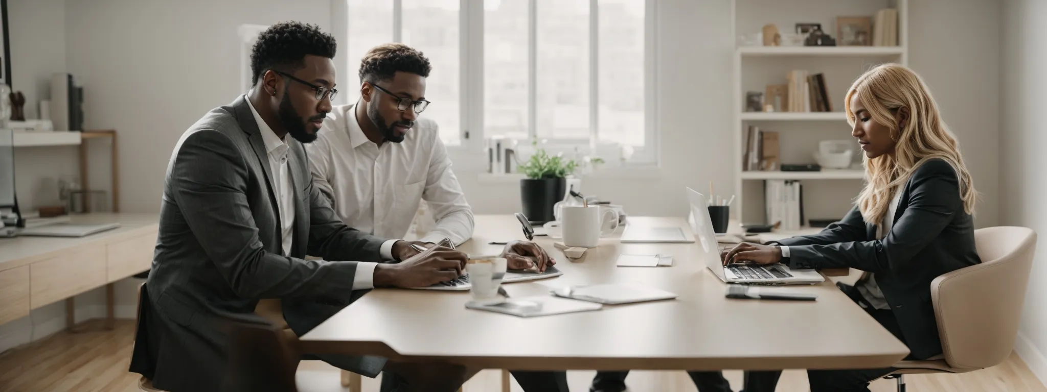 two professionals sit across from each other at a minimalist, modern table in a bright office, engaging in a focused discussion with a laptop open between them.