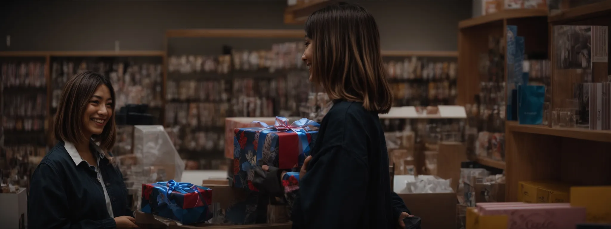 a customer smiles upon receiving a customized gift box from an attentive store employee.