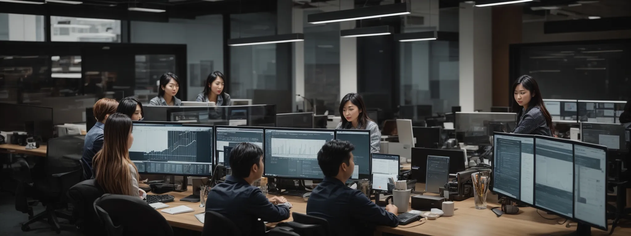 a bustling digital marketing office with computers displaying analytics charts and team members collaboratively strategizing over an seo campaign.