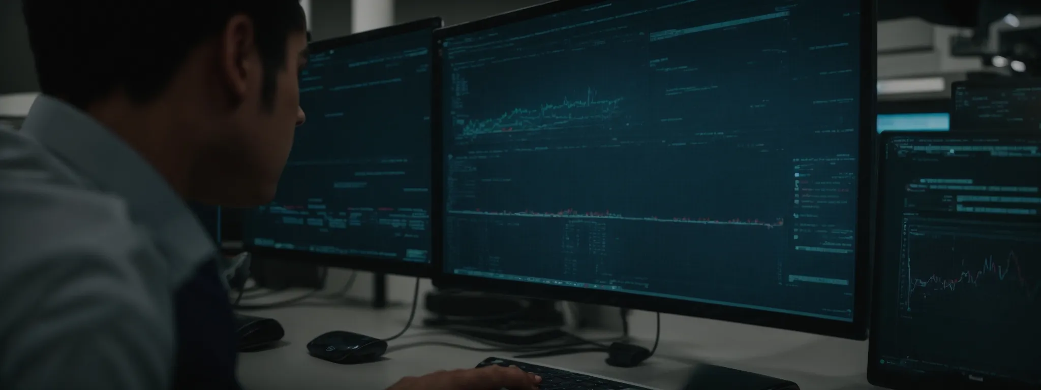 a digital professional reviews complex data analytics on a computer screen, reflecting the intricate process of seo powersuite's website audit.