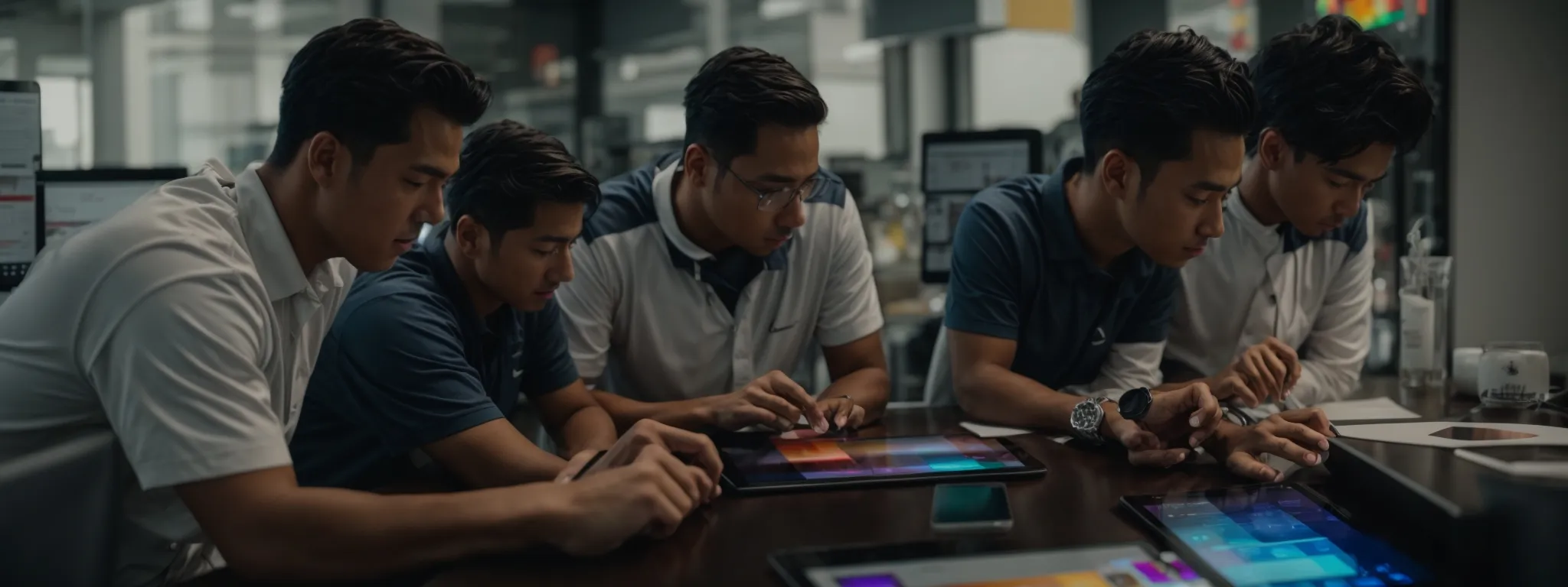 a team huddled around a digital tablet reviewing colorful graphs and performance metrics.