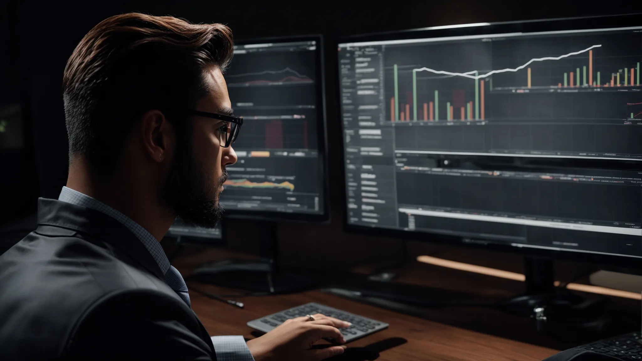 a business professional analyzing graphs and charts on a computer screen to track the success of digital marketing campaigns.