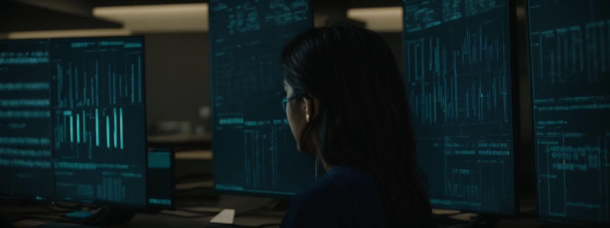 a researcher intently studies data on a computer screen in a modern biotechnology laboratory.