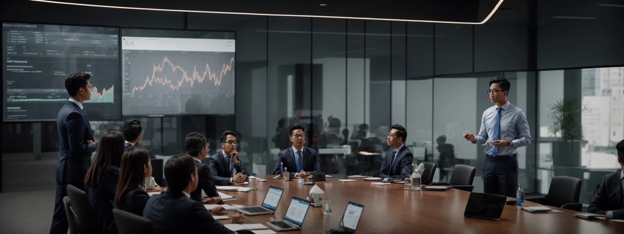a consultant presenting market data on a large screen to executives in a modern conference room.