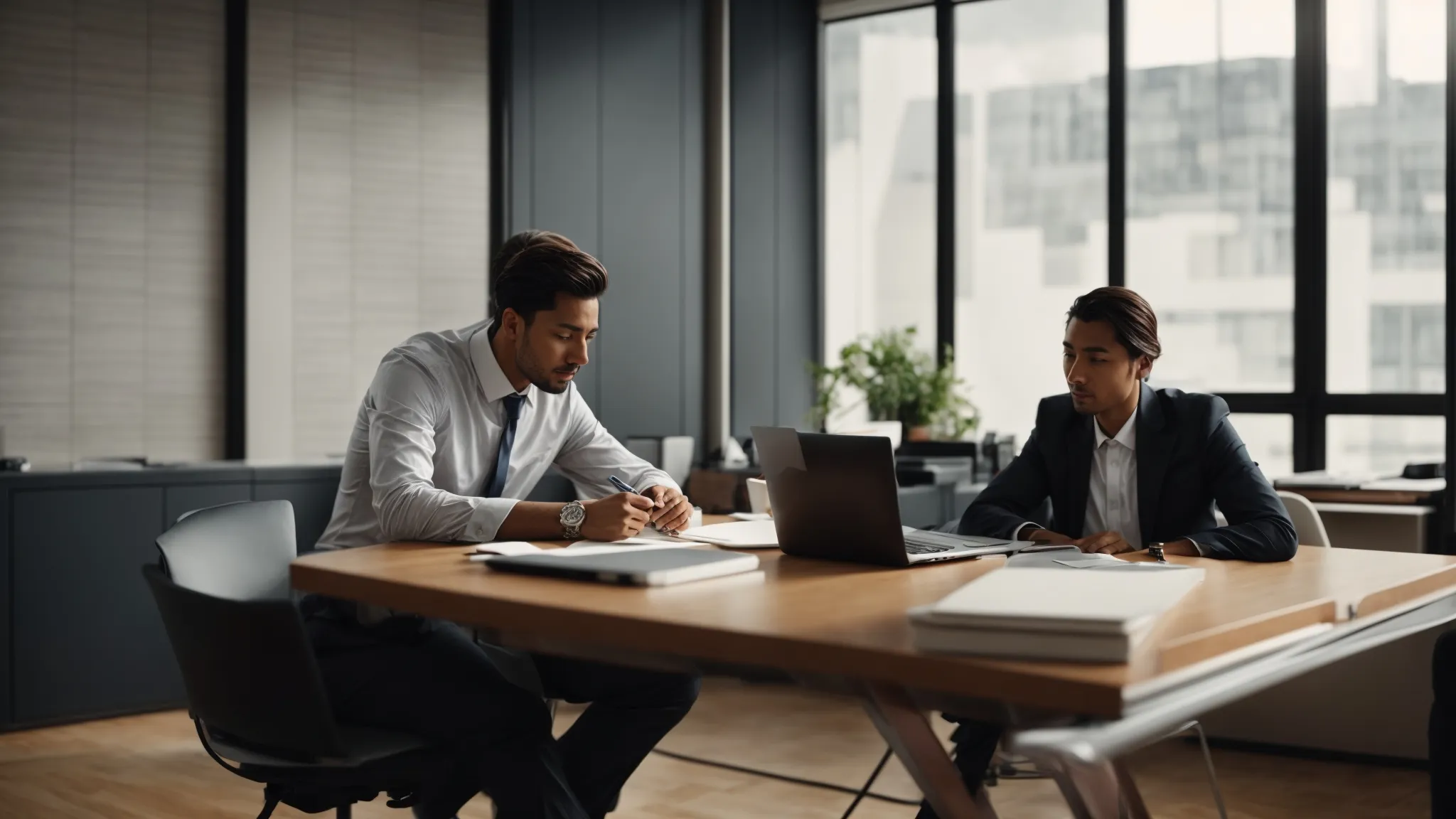 two professionals sit across from each other in a clean, modern office, one interviewing the other with a laptop open and notes on the desk.