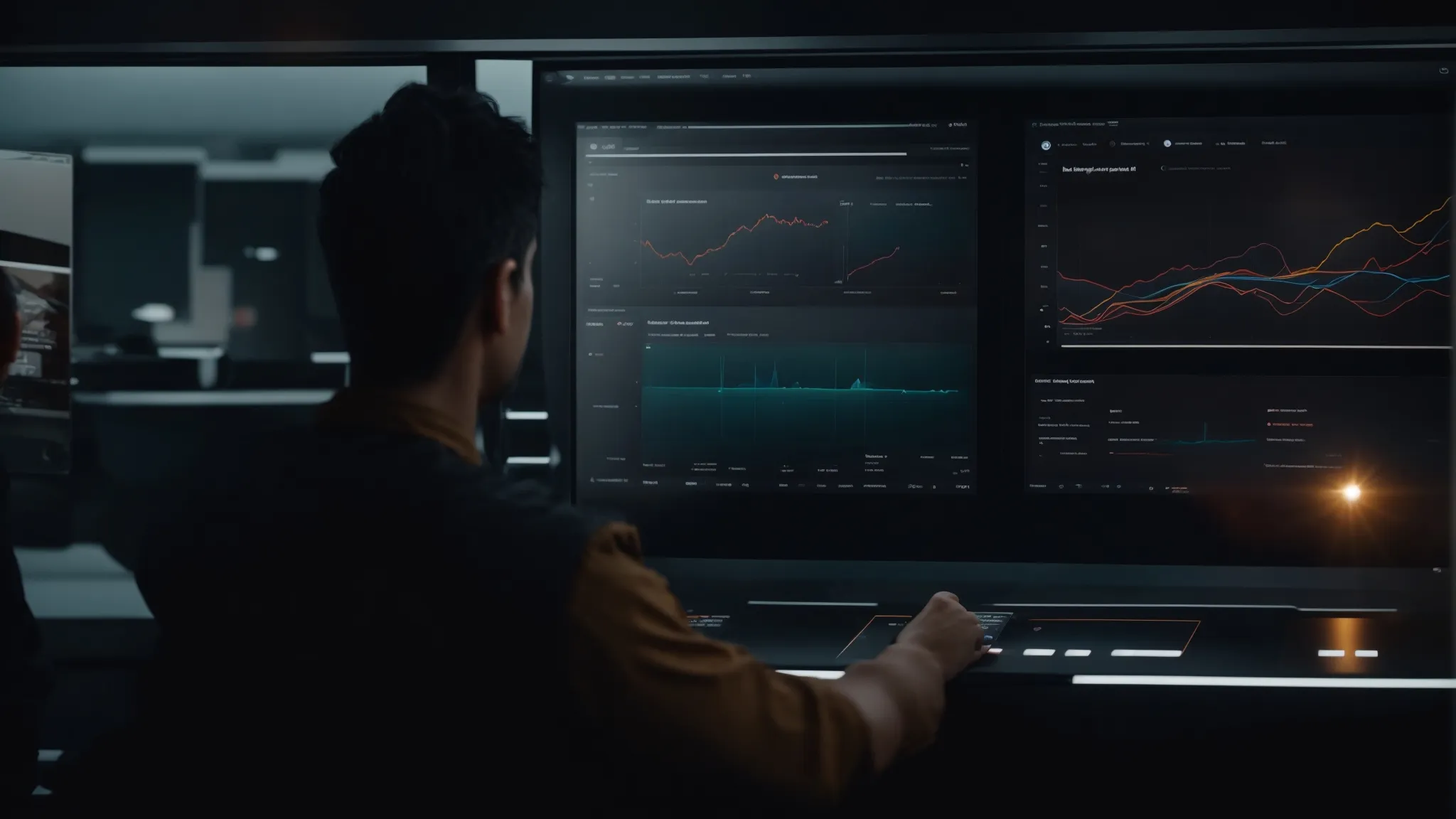 a person interacts with a sleek, modern computer interface, adjusting settings on a digital dashboard.