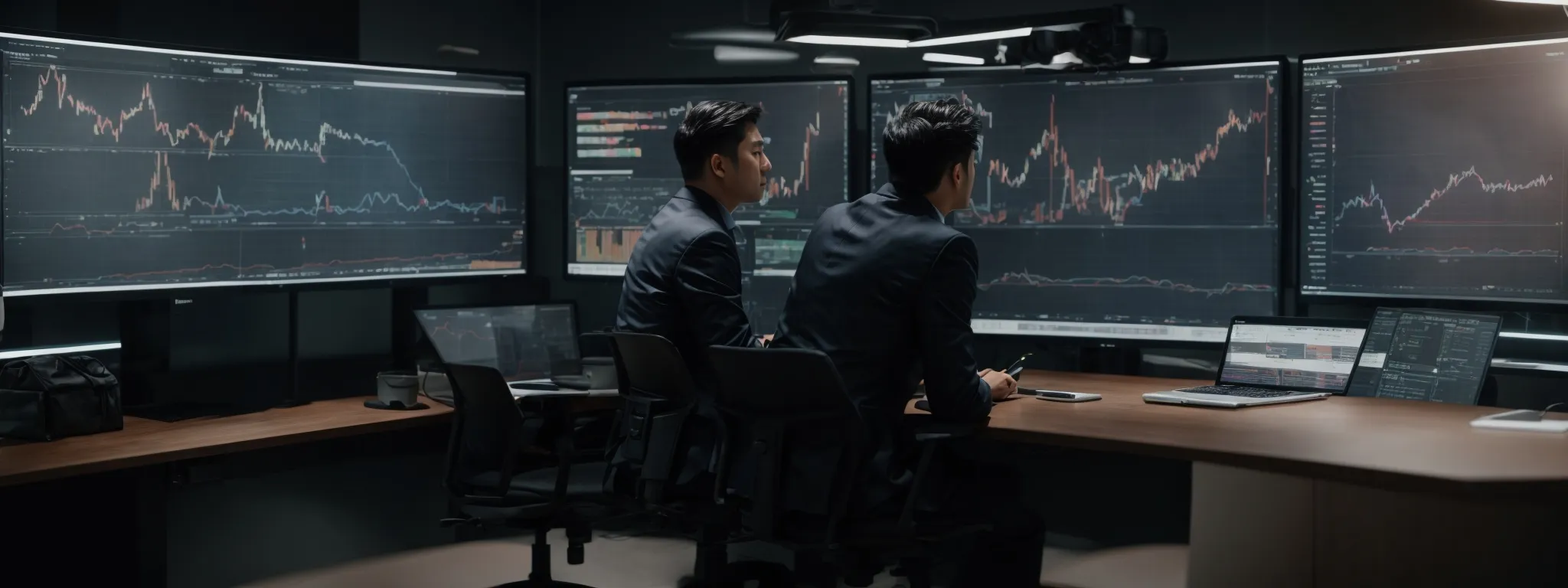 two marketing professionals compare charts and graphs on large monitor screens showing seo analytics.