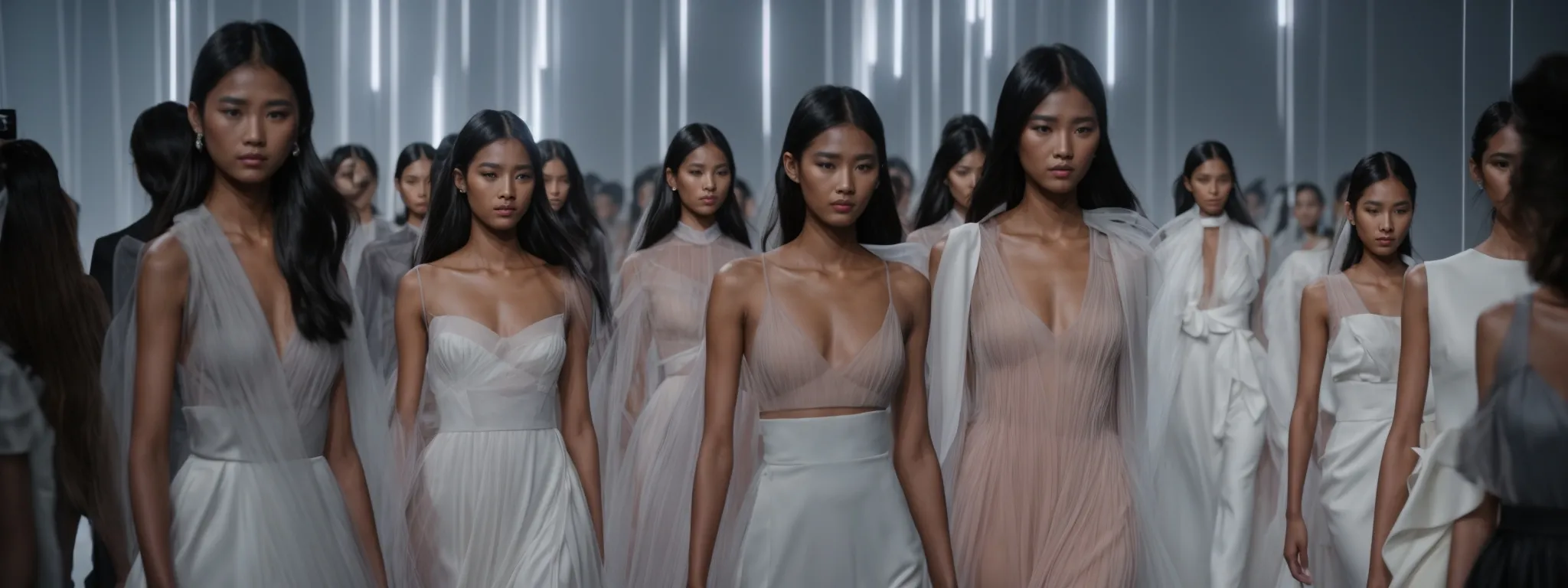 a runway show highlighting the latest fashion trends with emphasis on the digital projections mapping the garments.