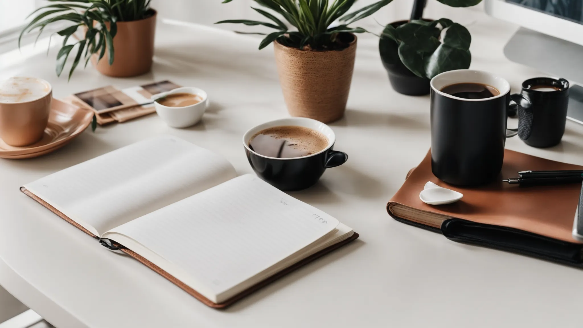 a laptop, notepad, and cup of coffee on a clean, organized desk signify strategizing for an improved online presence through seo copywriting.