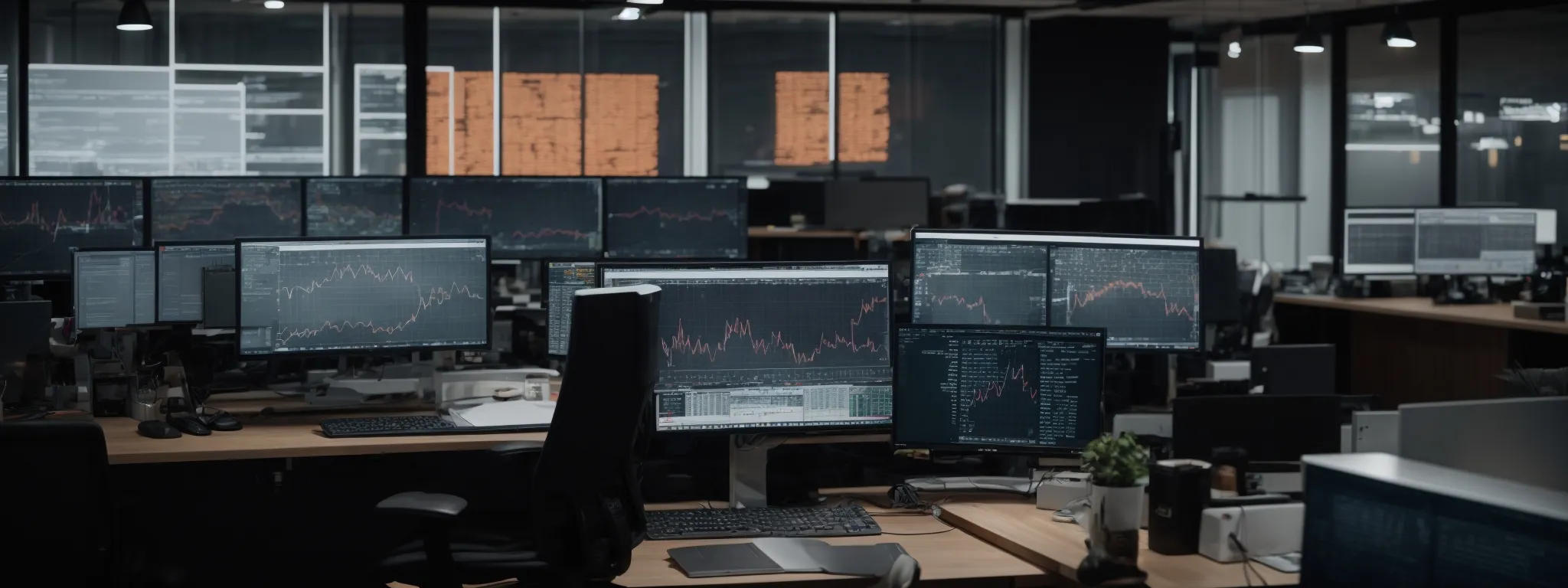 a modern office with computers displaying analytics charts to represent the ongoing battle with ever-changing seo algorithms.