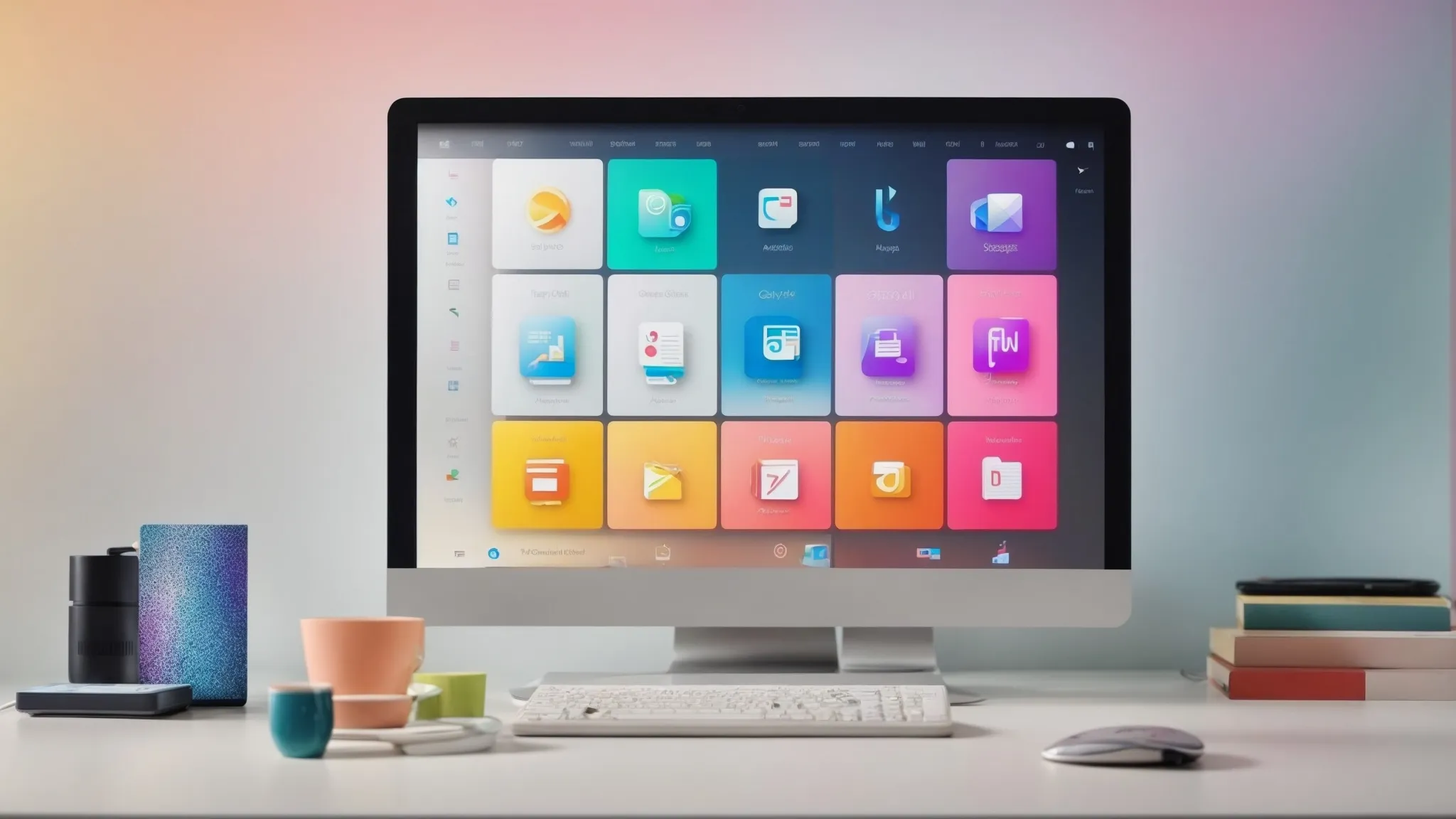 a computer screen displaying a variety of colorful application icons against a clean, minimalist office background.