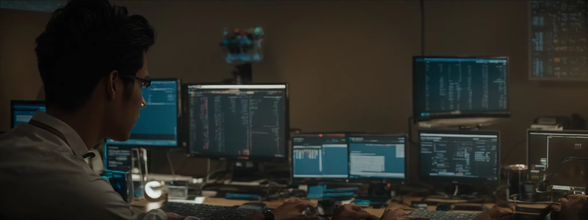 a person sitting at a computer, intently studying a data-rich seo analytics dashboard.