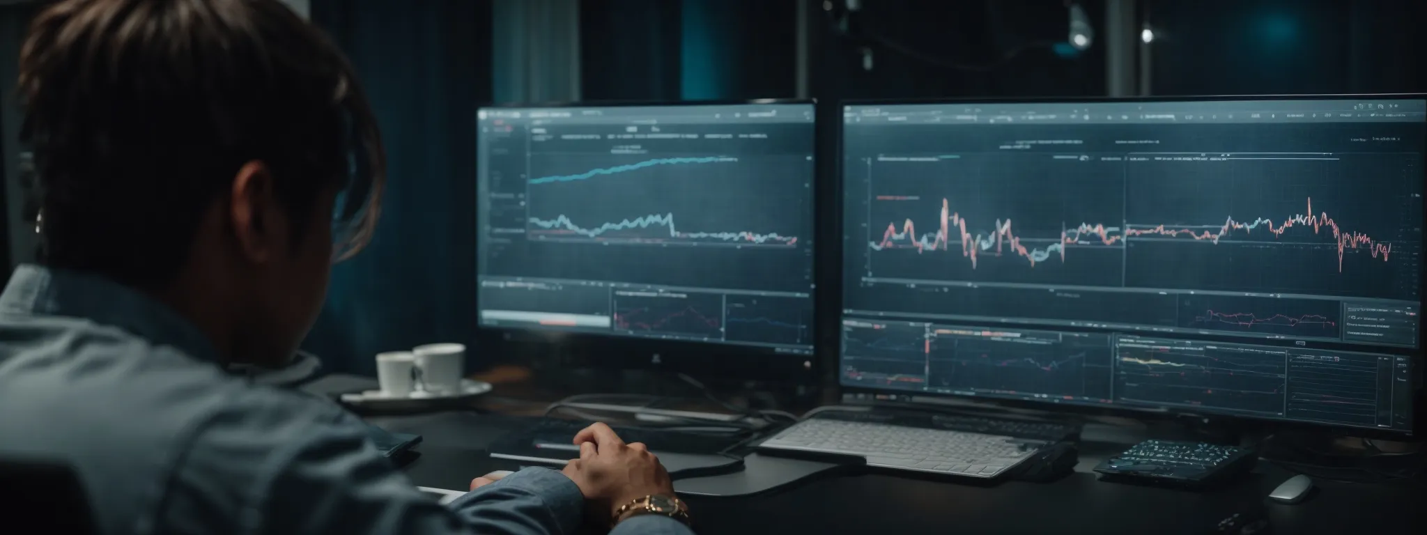 a focused individual interacts with a neatly-arranged, high-tech digital interface representing seo elements and analytics charts.