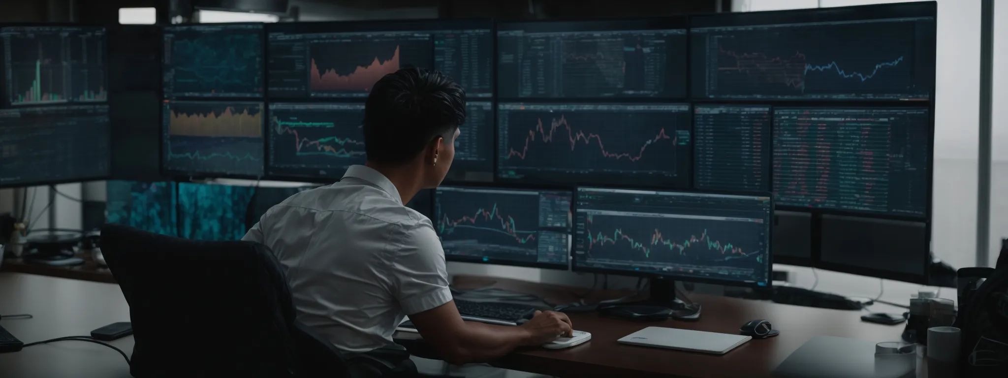 a person sitting at a desk with multiple computer monitors displaying charts, graphs, and social media platforms.