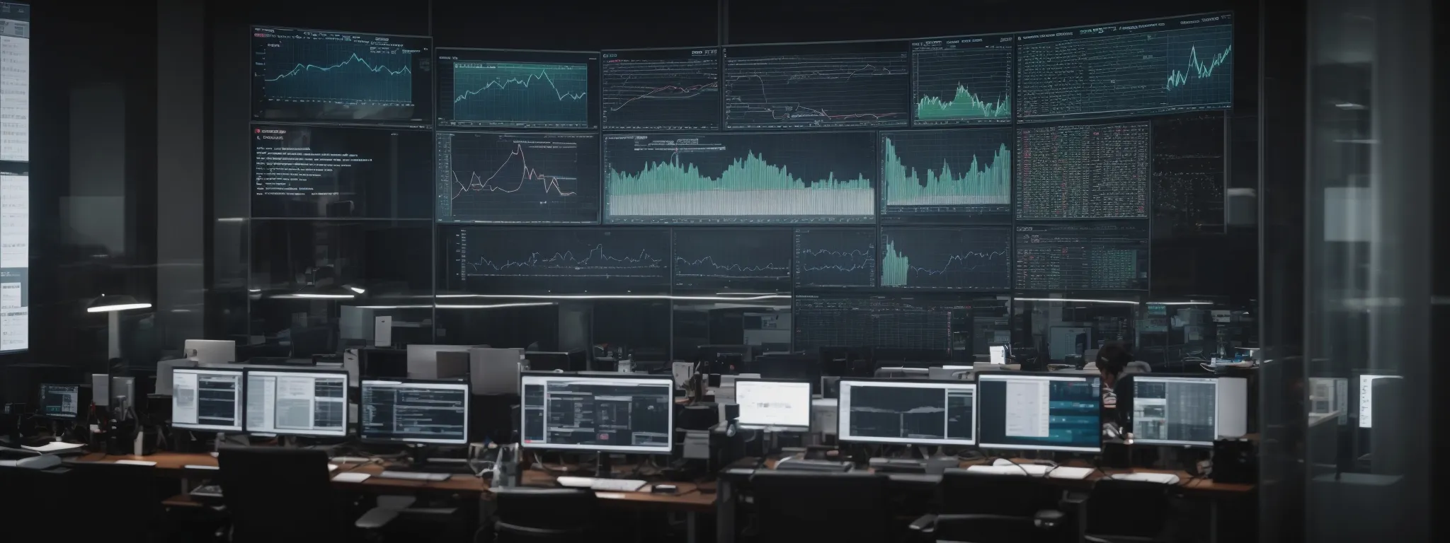 a modern office environment with multiple computer screens displaying graphs and analytics, symbolizing the high-tech approach to seo and link building driven by ai advancements.