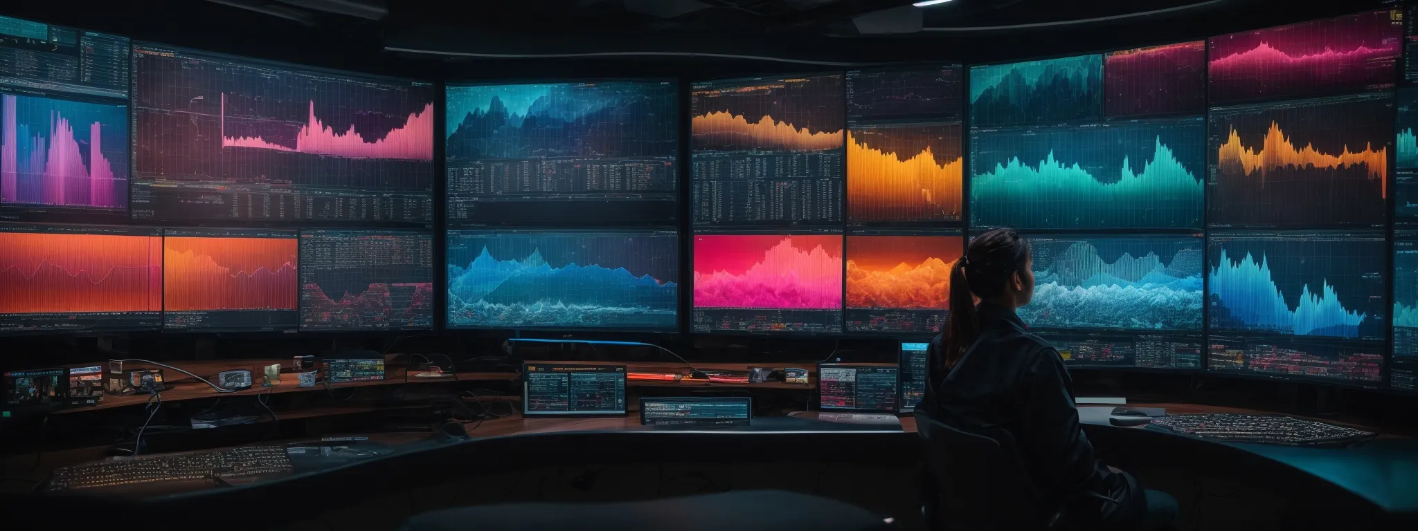 a person sits before a large monitor, displaying an array of colorful, complex data visualizations, browsed swiftly through multiple tabs in firefox.