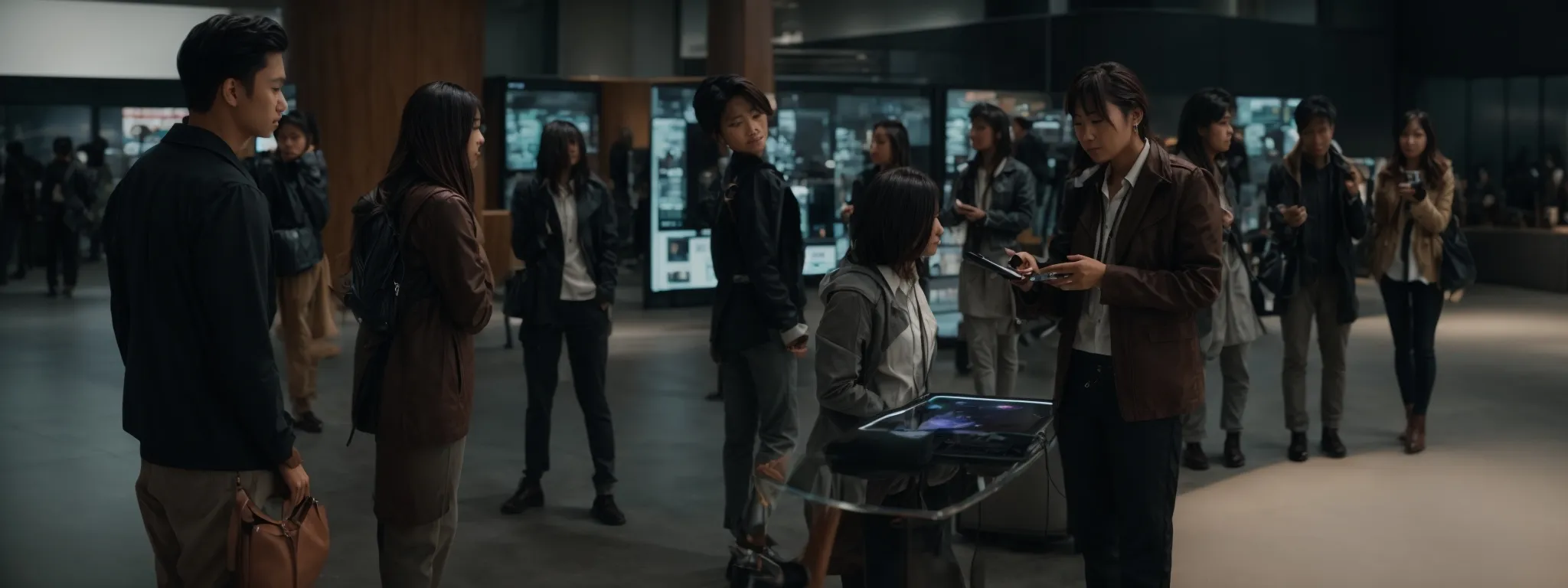 a diverse group of people gathered around a large, interactive digital display, visibly engaged with the dynamic content.