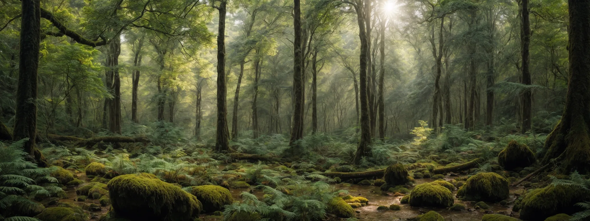 a panoramic view of a tranquil forest, illustrating the natural growth and complex ecosystem akin to organic seo development.