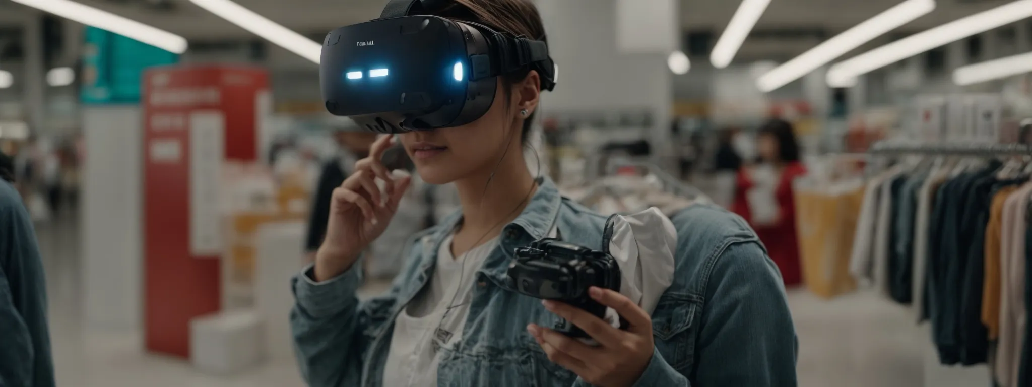 a person experiencing a virtual reality shopping simulation, with digital representations of products and services.