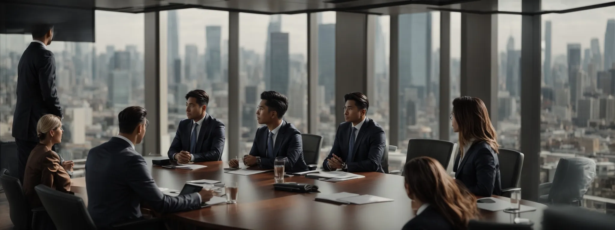 a consultant discusses strategies with business professionals in a modern boardroom, overlooking a cityscape.