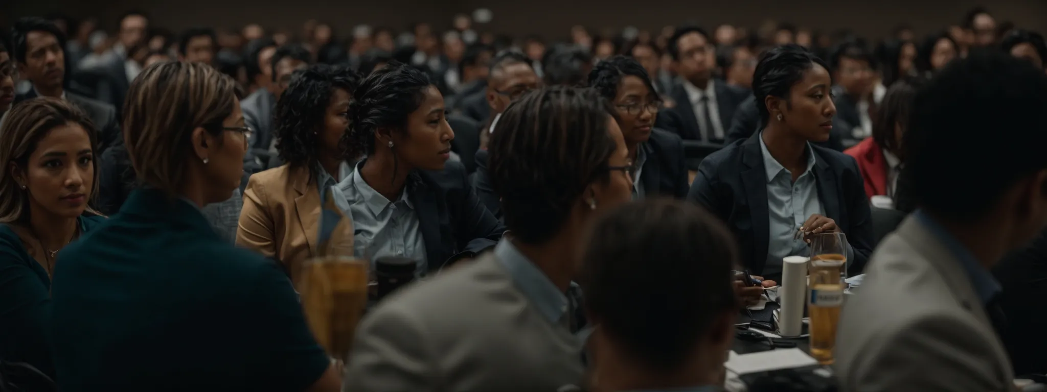 a diverse group of professionals engaged in a discussion at a crowded marketing conference hall.