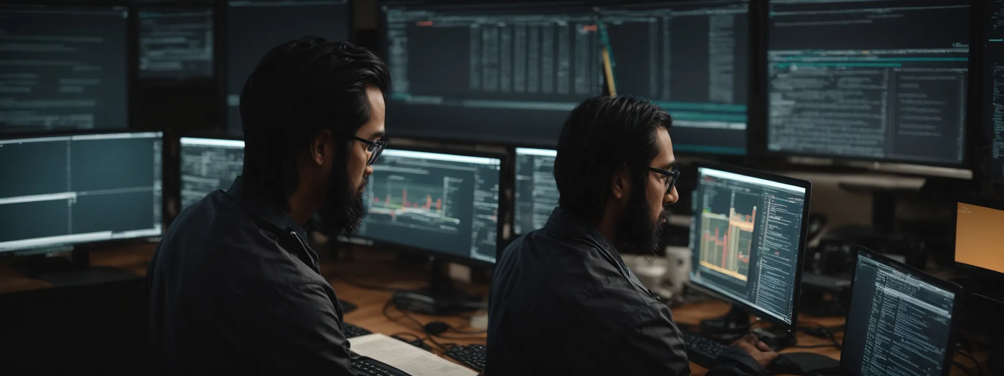 a web developer intently scrutinizes analytics while optimizing a website's internal navigation structure on a computer screen.