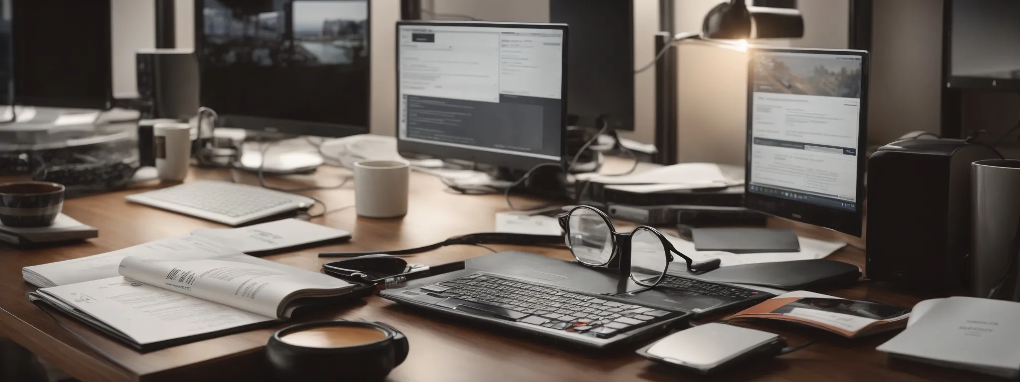a desktop with a computer displaying a search engine on screen, surrounded by marketing strategy reports and a notepad with seo notes.
