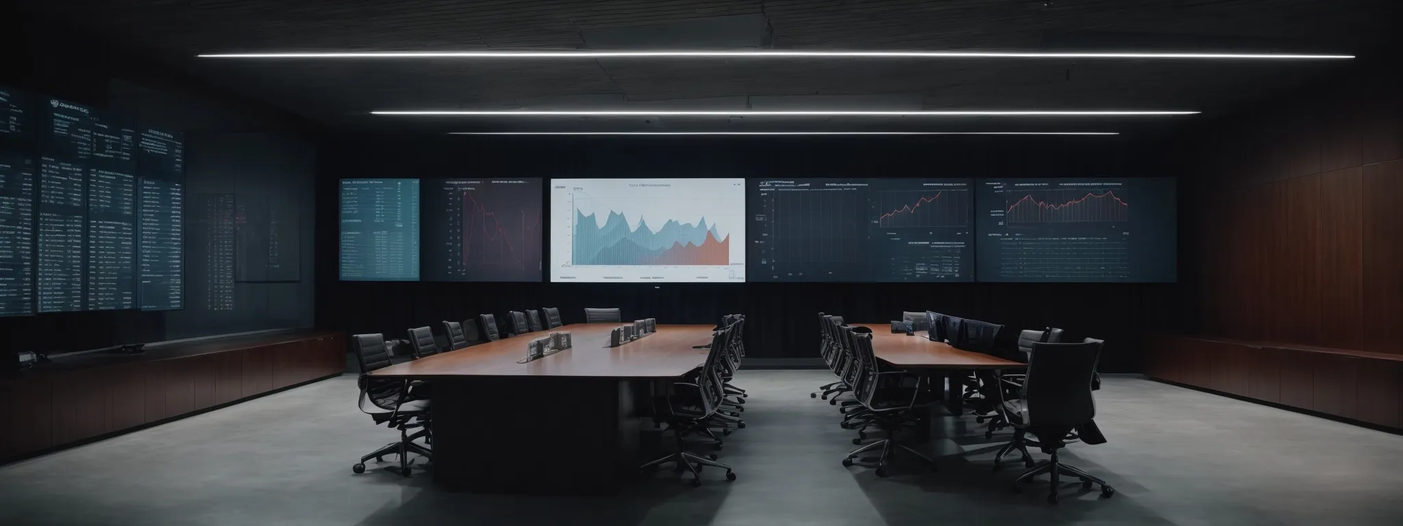 a conference room with a large screen displaying data analytics, where a team of professionals is having a collaborative discussion.