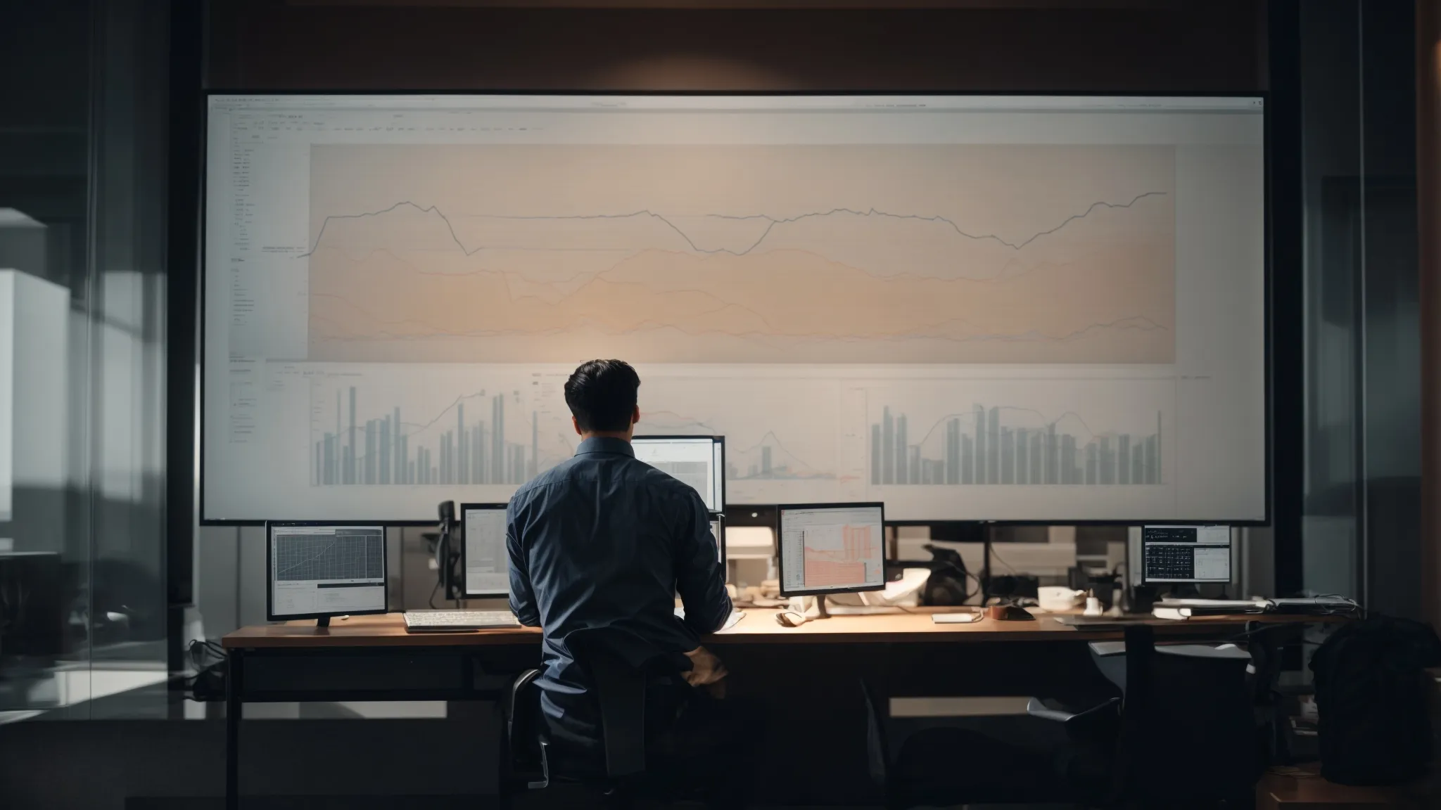 a person analyzing complex charts and graphs on a large screen in a modern office setting.