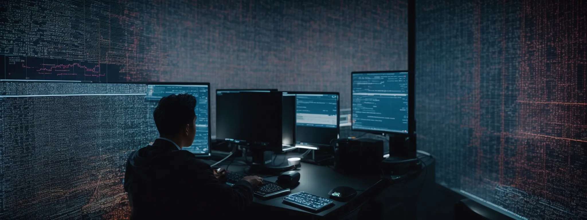 a person intently studying a computer screen with lines of python code and graphs depicting website traffic data.