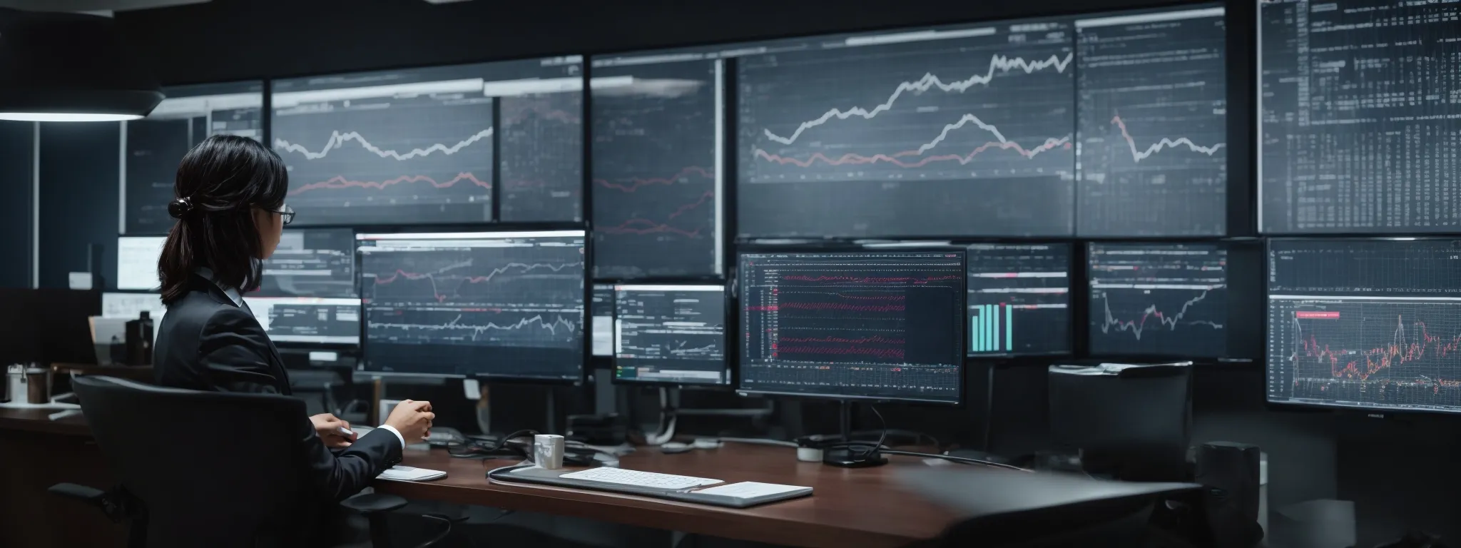 a professional in a sleek, modern office analyzes complex data charts on a large screen, illustrating seo trends and algorithm changes.