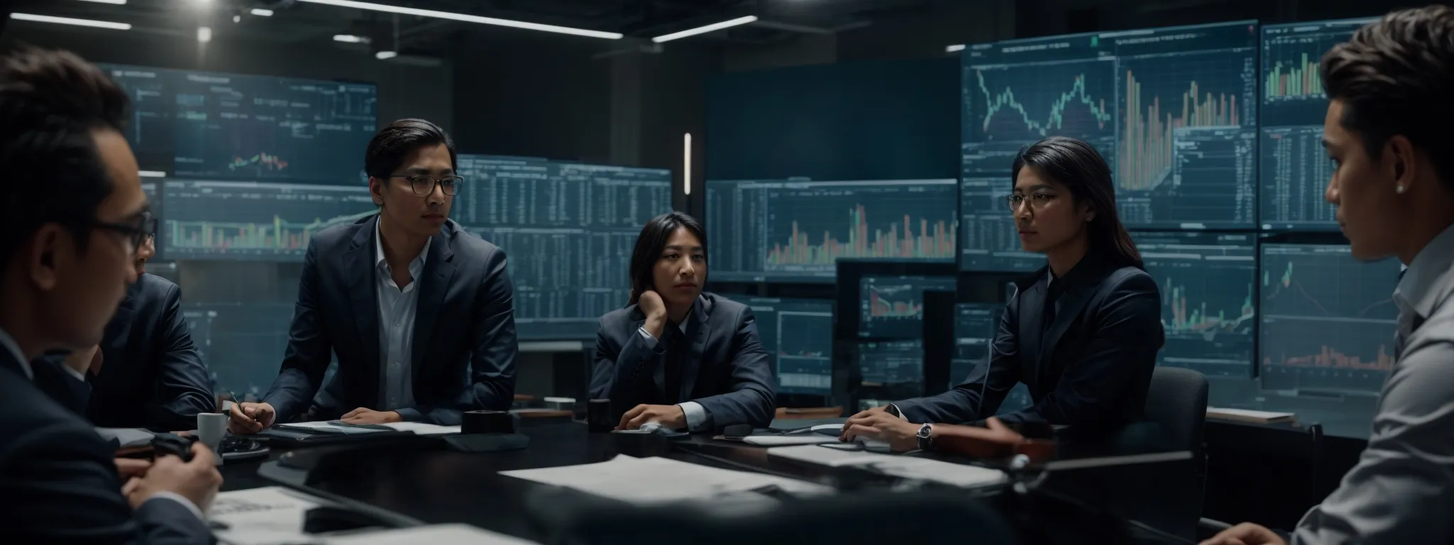 a team of professionals intently observes data analytics on a large screen, revealing insights on market trends and competitor strategies.