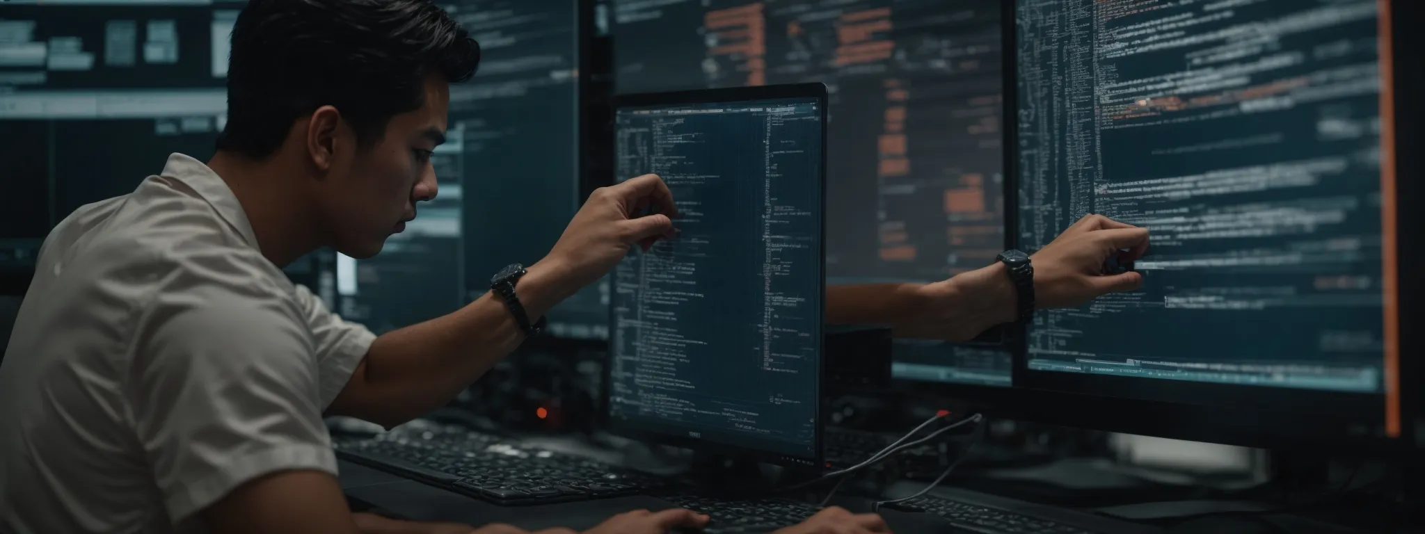 a web developer scrutinizes the code of a website to optimize embedded iframes for better seo performance.