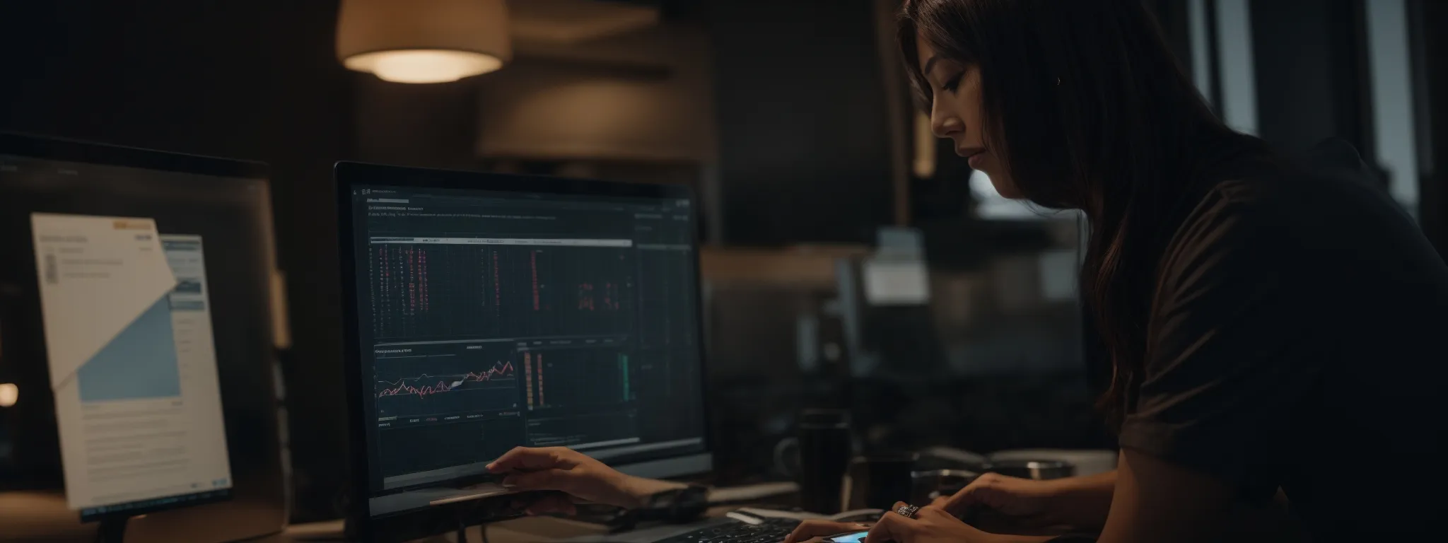 a marketer analyzing data on a computer screen, crafting a prominent call-to-action button on a website layout.