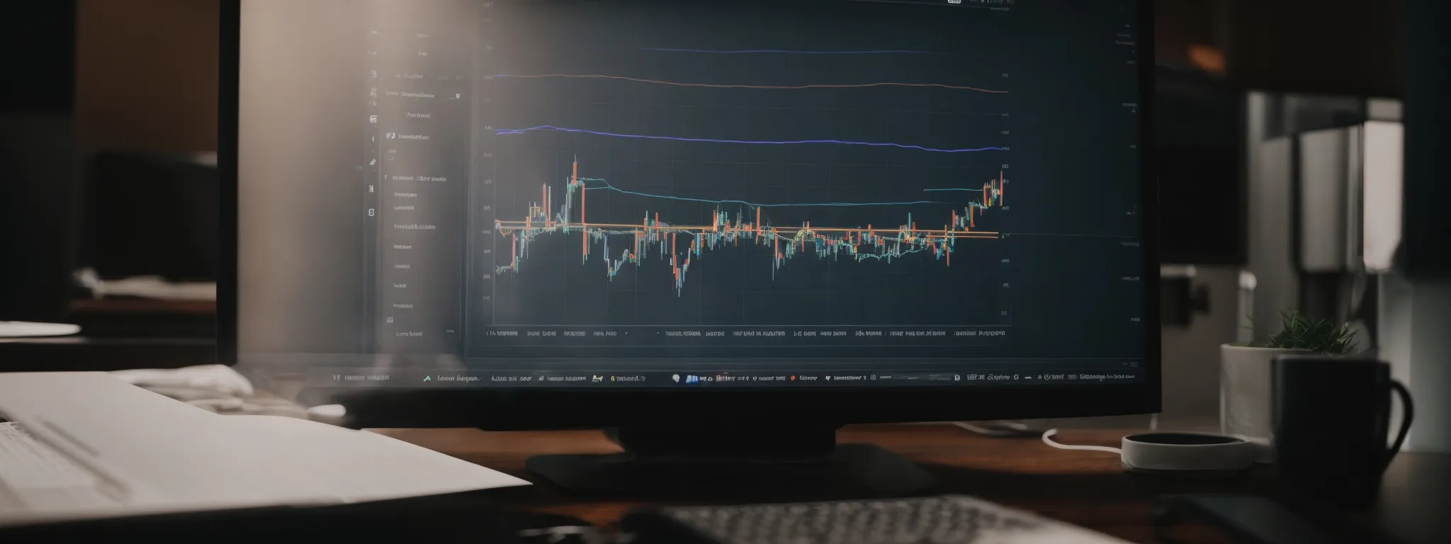 a computer screen displaying a rising graph chart amidst web browser windows representing improved search engine rankings.