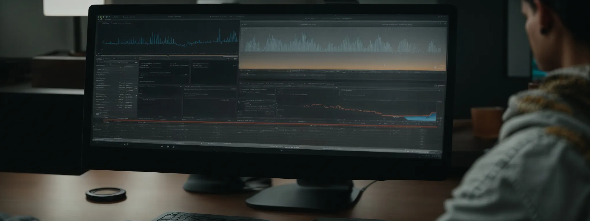 a person peacefully interacting with an intuitive digital interface on a computer screen, symbolizing the ease of engaging with seo tools.