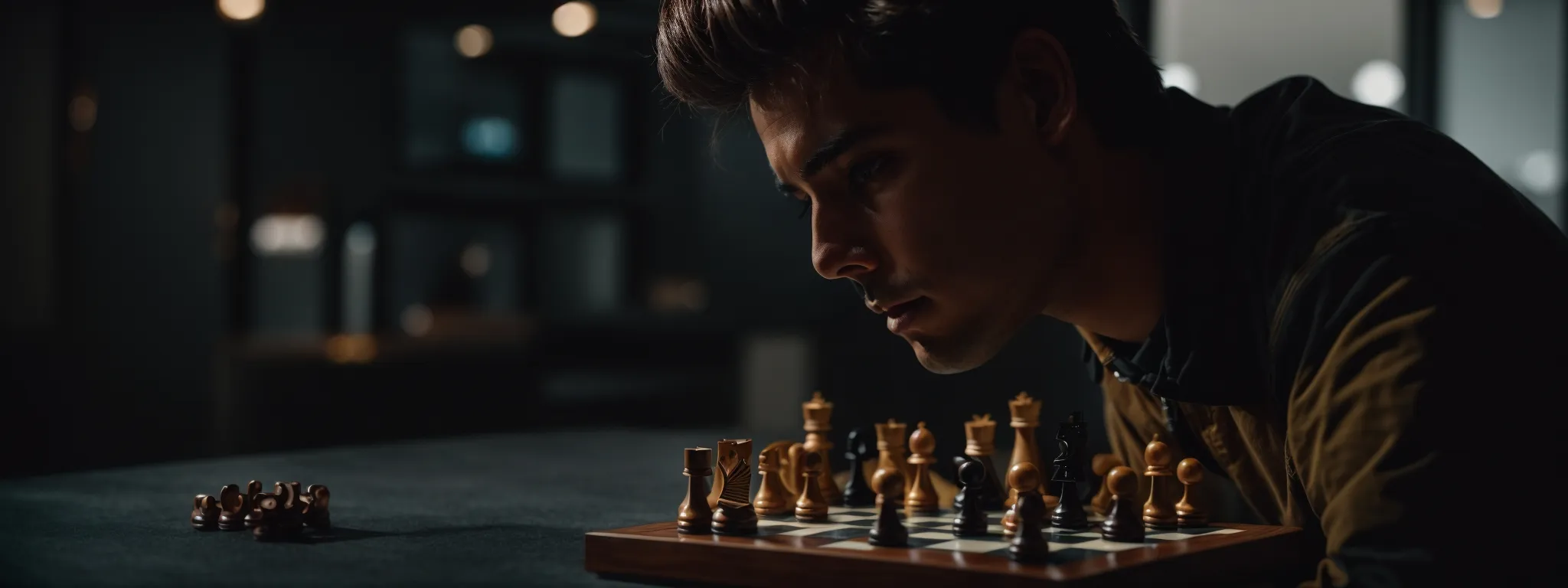 A young man sits at a table, intently studying a chessboard with pieces arranged for a game, in a dimly lit room.