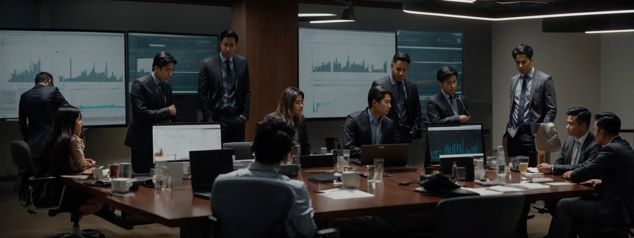 a group of professionals is congregated around a conference table, discussing strategies with a laptop displaying analytics graphs.