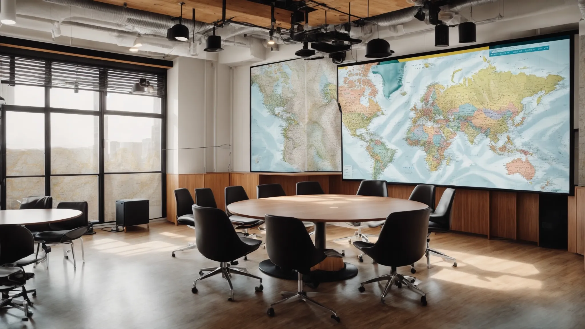 a meeting room with a large screen displaying a colorful map and various data points signifying local businesses and seo metrics.
