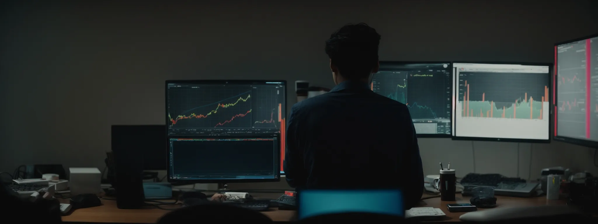 a person sitting before a computer, displaying colorful graphs and analytics on the screen.