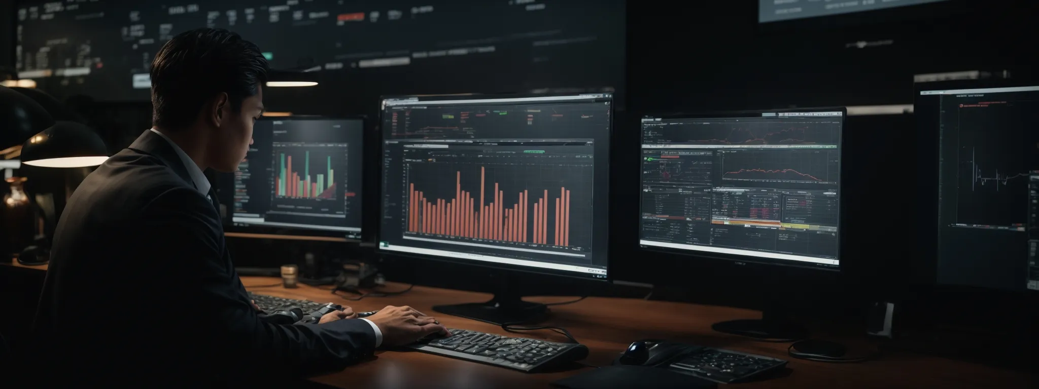 A person works at a desk with multiple monitors displaying financial charts, graphs, and data in a dark office environment, researching long-tail keywords for enhanced market analysis.