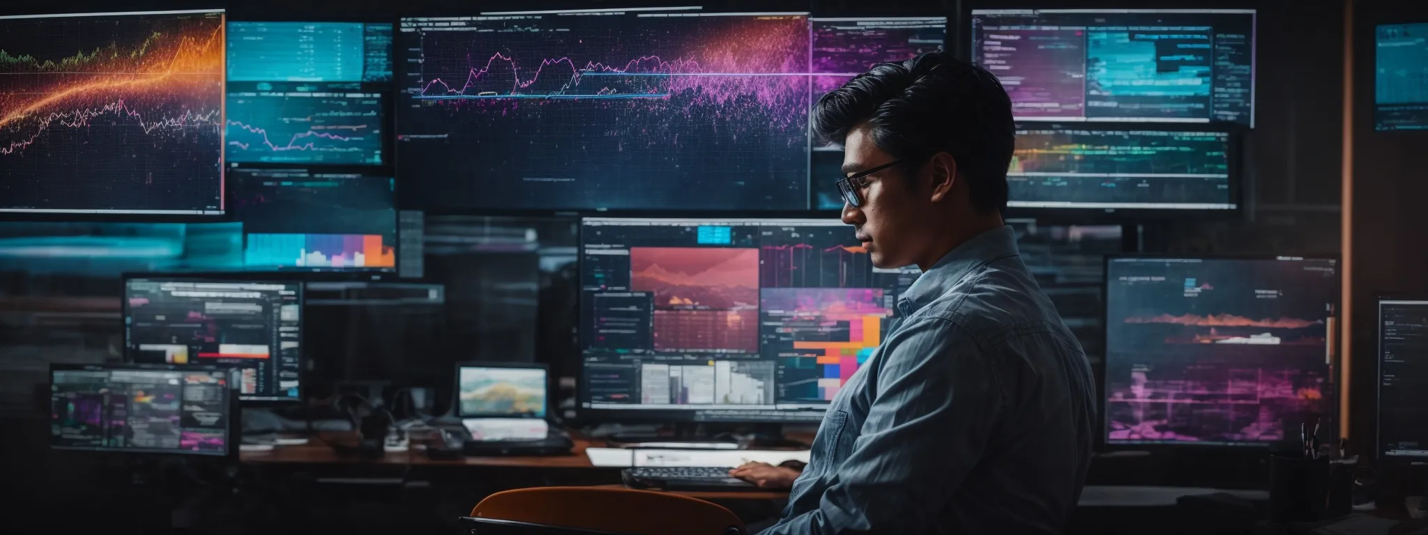 a person sitting at a desk, surrounded by digital screens displaying colorful graphs and email interfaces, focused intently on a marketing strategy.