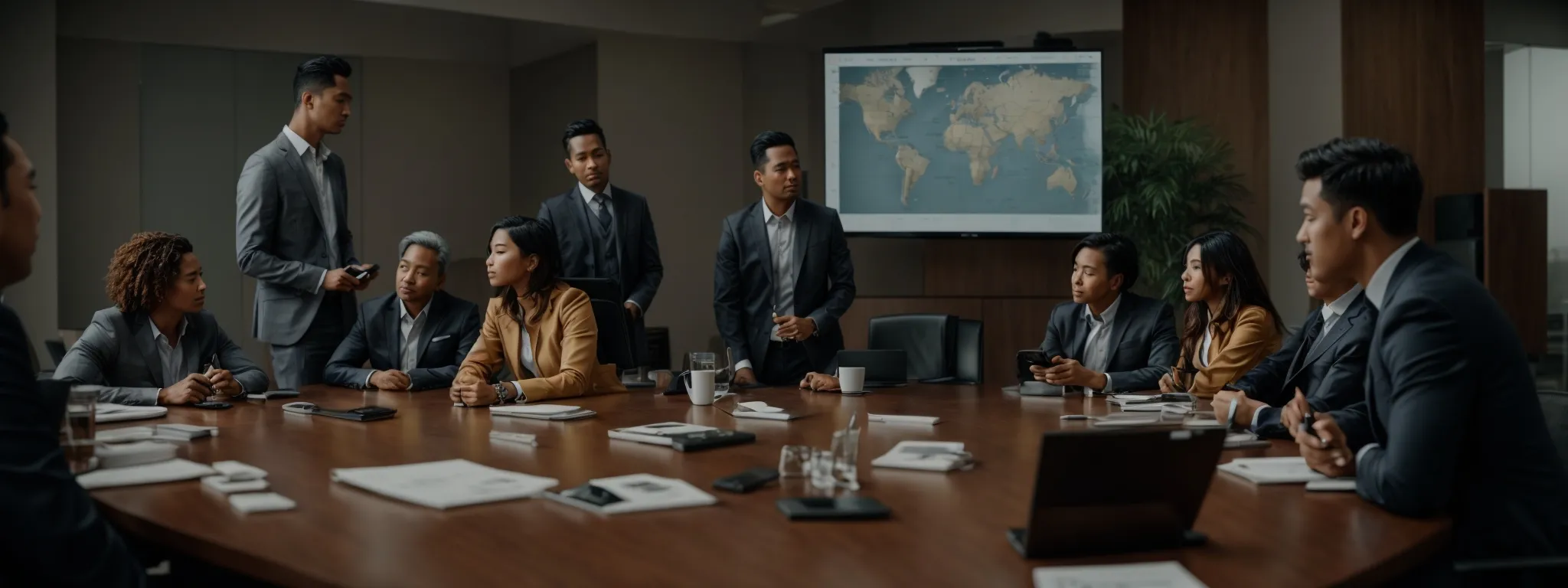 a group of focused individuals gathered around a conference table, discussing strategies with various charts and digital devices present.