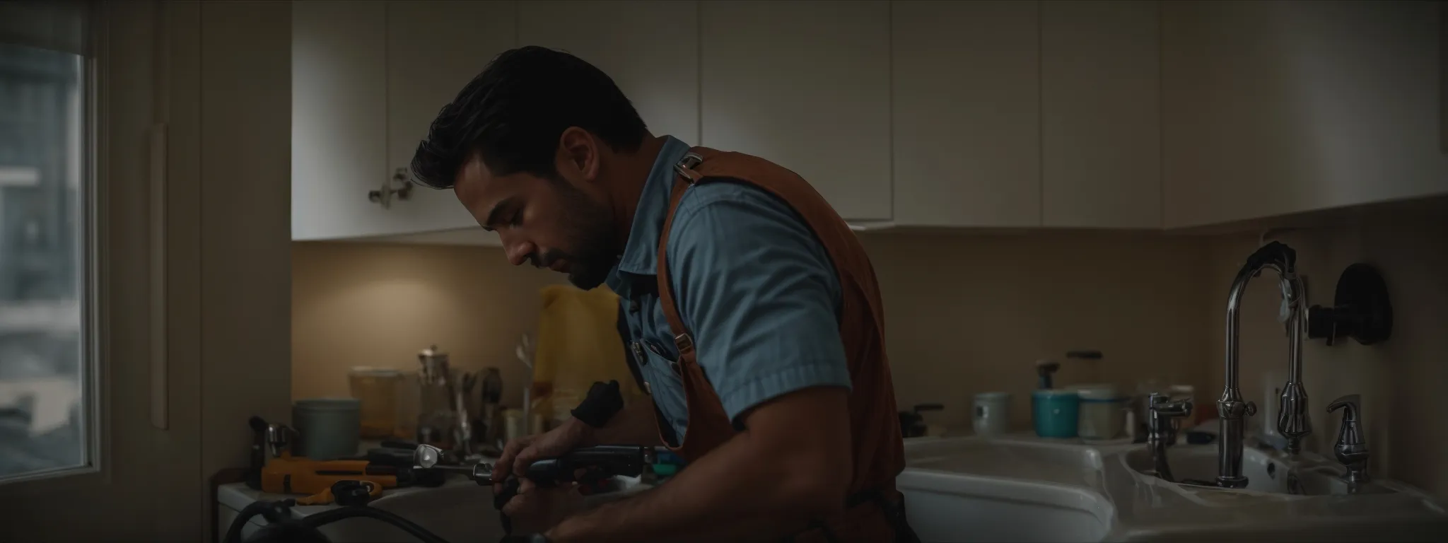 a plumber fixing a sink with a tool belt around their waist, working efficiently inside a customer's kitchen.