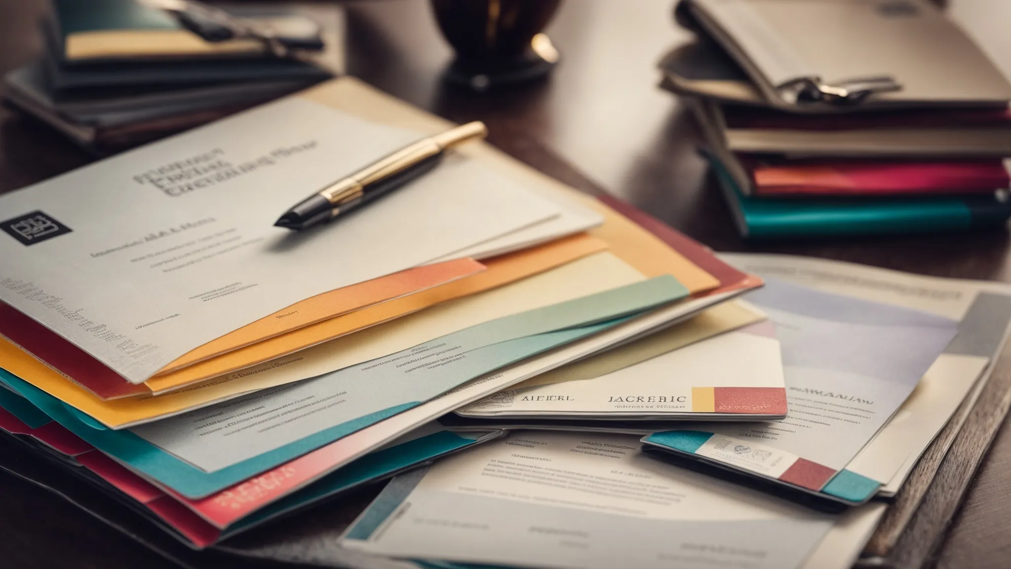 a neat stack of elegant, embossed certificates with a digital marketing book and a tablet displaying colorful analytics graphs.
