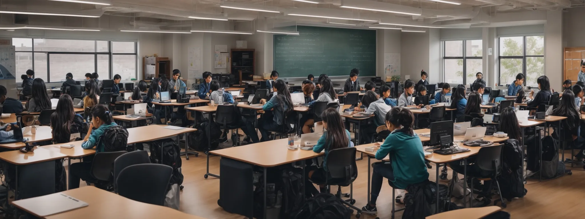 a panoramic view of a contemporary classroom with students engaged on laptops, reflecting a blend of technology and business education.