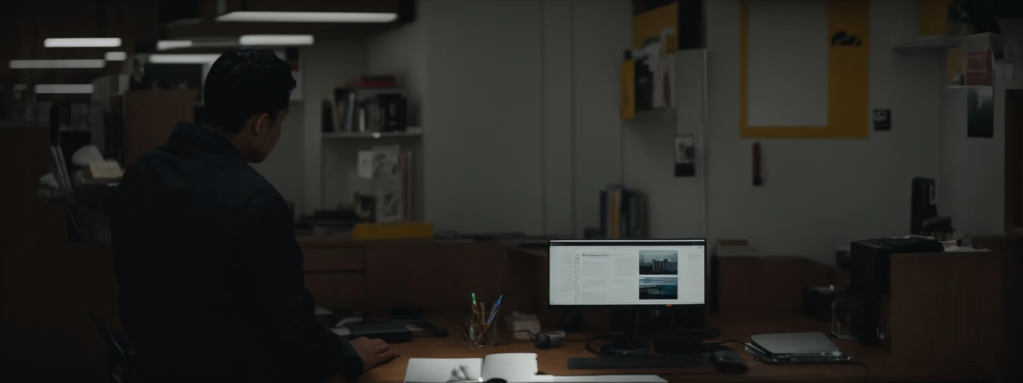 a person seated at a modern desk, browsing through an online wholesale directory on a sleek, large-screen computer.